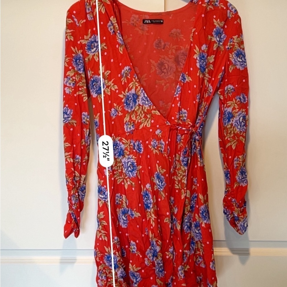 Zara Red Floral Wrap Sleeved Summer Dress - XS - Picture 9 of 10